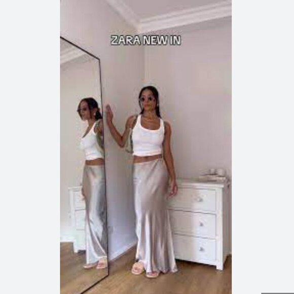 Zara Bias Cut Satin Maxi Skirt Silvery Tan NWT Size Medium - Picture 9 of 13